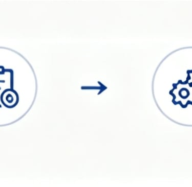Business workflow infographic showing icons for communication, planning, quality control, and customer support.