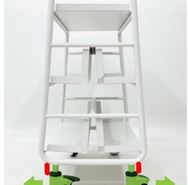White industrial storage cart with green rolling casters and directional arrows for easy mobility.