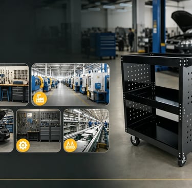 Black metal heavy-duty rolling tool cart with three tiers in an automotive garage and manufacturing setting.