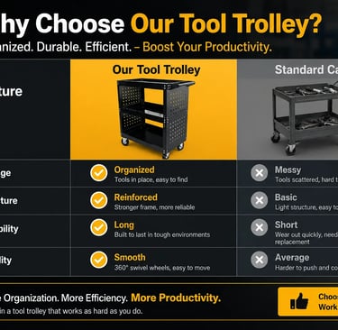 A comparison chart showing features of a black heavy-duty tool trolley versus a standard cart for workshop storage.