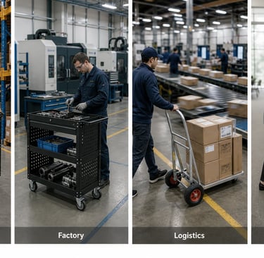 Workers using industrial utility carts and hand trucks in warehouse, factory, logistics, and library settings.
