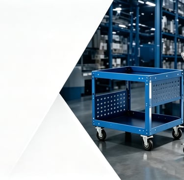 Industrial metal carts and heavy-duty storage trolleys on wheels in a warehouse setting.