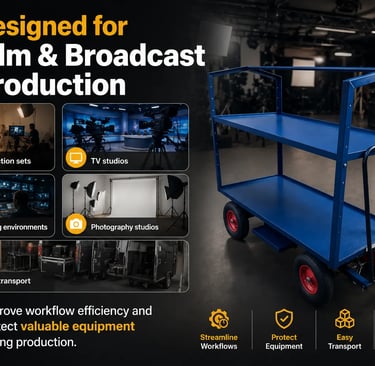 Heavy-duty blue production cart for film sets and TV studios to transport valuable equipment.