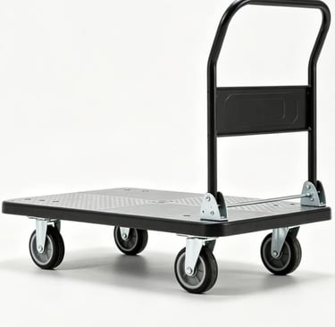Heavy-duty black platform push cart with four swivel wheels and a folding handle for moving cargo.