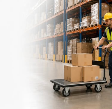 Warehouse worker in a yellow safety vest pushing a flatbed cart with boxes through a distribution center.