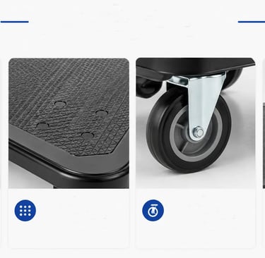 Close-up views of a folding platform truck showing the textured non-slip deck, swivel wheels, and metal hinges.