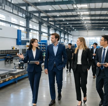 Business executives in suits walking through a modern manufacturing plant and industrial factory.