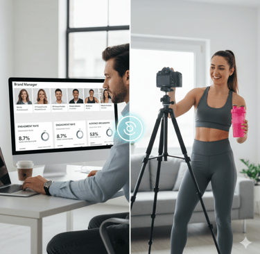 a man and woman sitting at a desk with a laptop and a camera