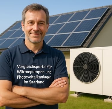 Geschäftsführer des Wärmepumpen Vergleichs Saarland vor einem Haus mit Wärmepumpe im Hintergrund