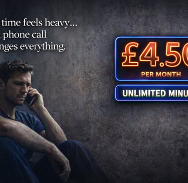 A lonely man on a phone call with unlimited minutes for £4.50 per month on a neon sign.