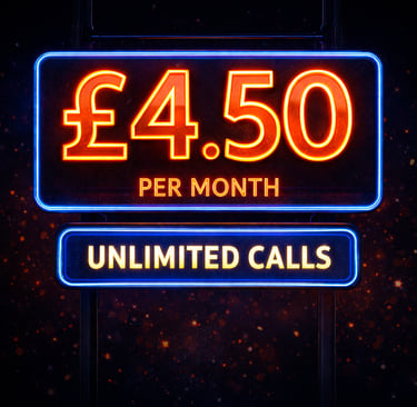 Glowing neon sign showing a mobile phone plan deal for unlimited calls at 4.50 pounds per month.