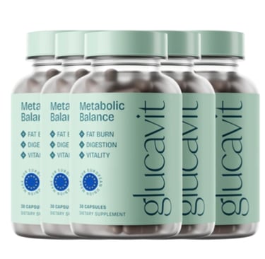 Glucavit metabolic balance dietary supplement bottles for fat burn and digestion support.