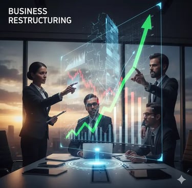 Reestructuración empresarial México: diagrama de recuperación financiera mostrando reducción de deuda y mejora en eficiencia 