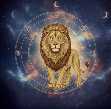 a lion in a circle with a clock on it