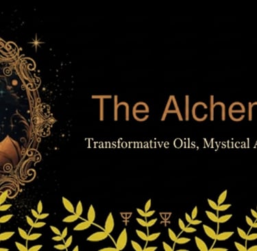 The Alchemist's Den banner featuring mystical alchemy symbols, transformative oils, and golden leaf designs.