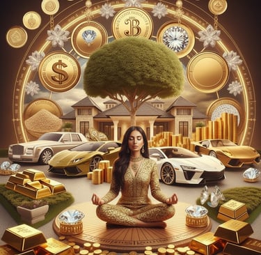 a woman sitting in a lotusion with a tree in the background