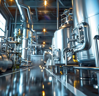 Shining stainless steel tanks, pipes, and machinery create a modern industrial facility for brewing, chemical processing, or