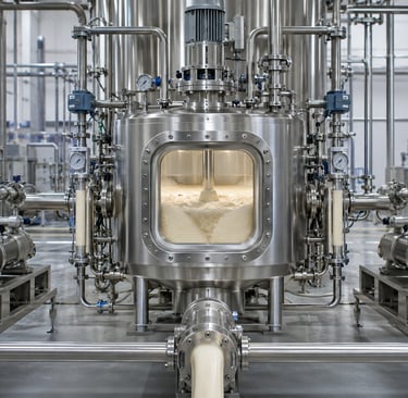 Modern stainless-steel food-processing reactor receiving multiple coordinated