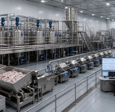 Modern stainless-steel fish protein processing line with raw fish hoppers, mixing tanks, pumps, and automated control 