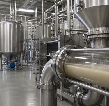 Starch liquefaction line with stainless-steel vessels, pipelines, and a transparent inspection section