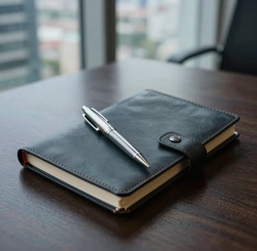 Professional close-up photography of a premium leather-bound notebook and a designer silver pen on a dark wood desk. The lighting is soft and natural, coming from a large window in a South American / Brazilian high-rise office. Colors include dark charcoal grey and muted slate blue tones.