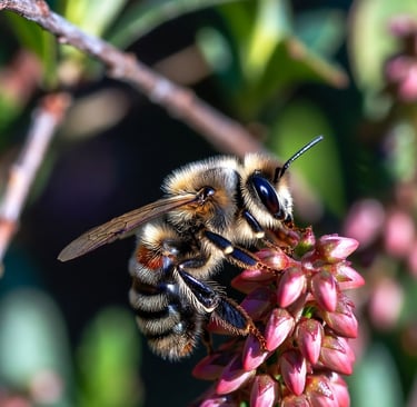 Een pluizige honingbij die nectar verzamelt uit kleine roze bloemknoppen op een heidebloem