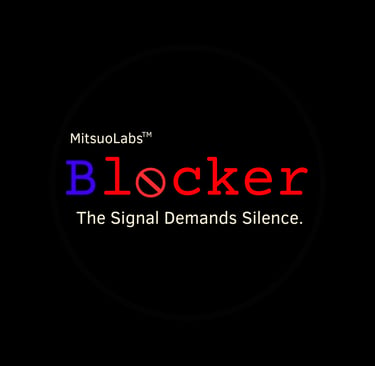 A black square displaying the text "Blocker" in a purple and red font.