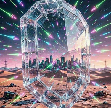 A tall, vertical crystalline shield standing in the center of a dark cyber-desert.