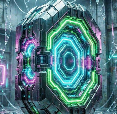 A dense, self-contained mechanical monolith glowing from within, standing completely isolated.