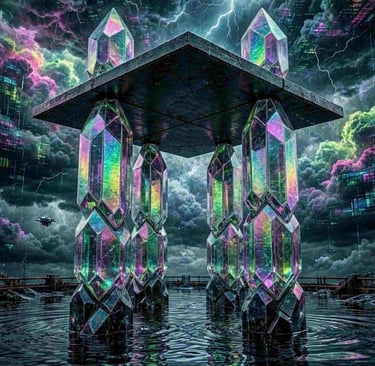 Four large crystalline pillars rising from a dark liquid floor.