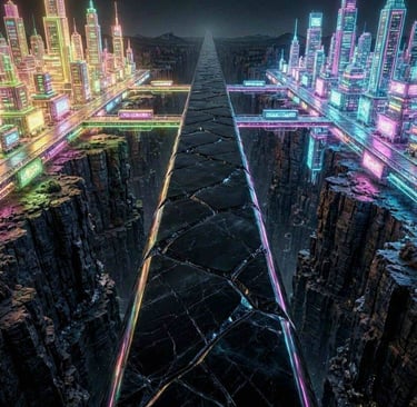 A long obsidian bridge extending across a deep canyon, connecting two separate glowing digital city.