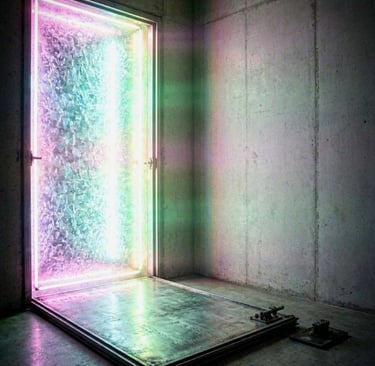 A heavy steel door completely detached from its hinges, lying flat on a concrete floor as bright.