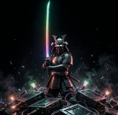 A silhouetted samurai standing on a mountain of broken server racks and tangled wires.