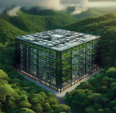 A monolithic glass cube structure featuring integrated internal vertical gardens.