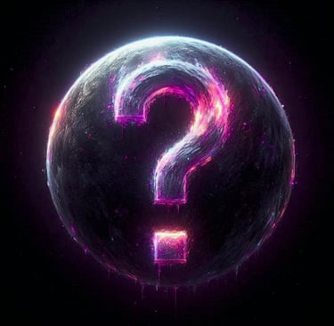 A dark, textured cosmic sphere floating in deep space, featuring a glowing question mark.
