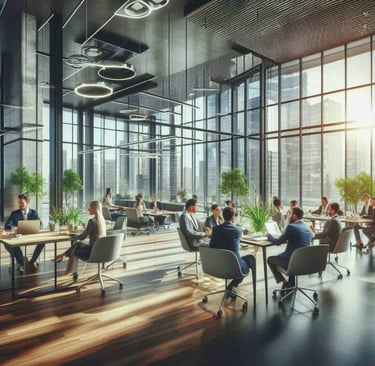 People in business suits working inside a spacious, sunlit modern office building.