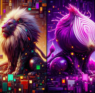 A side-by-side comparison of a cybernetic lion and a purple digital onion creature, brave and tor.