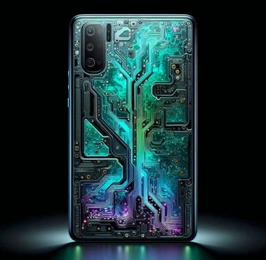 A smartphone with a transparent back casing revealing glowing cyan and violet circuit boards.
