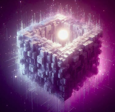 A complex, floating technological cube node emitting a bright central light source.