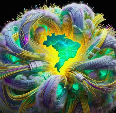 A glowing green map of Brazil surrounded by intertwined fiber optic cables.