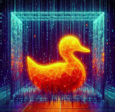 A wireframe, glowing orange digital duck enclosed within a translucent cybercube.