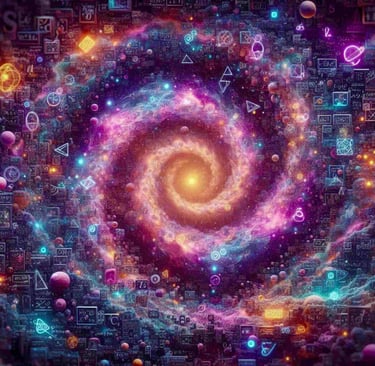 A vibrant digital galaxy swirl filled with floating mathematical formulas and cosmic symbols.
