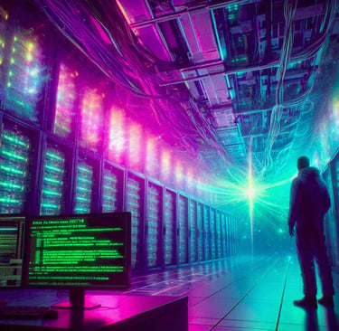 A person standing inside a futuristic server room filled with glowing neon data racks.