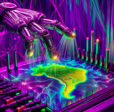 A robotic hand emitting thin light beams over a glowing digital map of South America, Brazil.