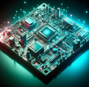A glowing futuristic circuit board detailed with microchips and fiber optic pins.