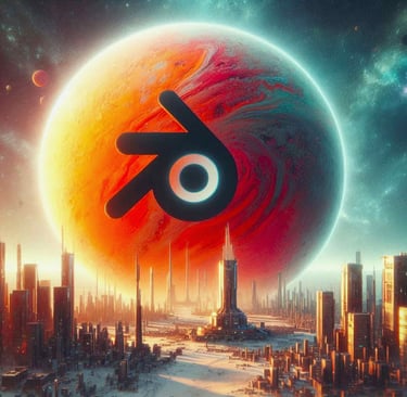 The Blender logo floating above a massive futuristic city with a giant planet in the background.