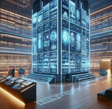 A massive modern library with a central pillar constructed entirely from glowing digital interface.