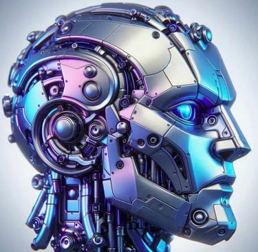 A profile view of a highly detailed mechanical humanoid robot head with a glowing blue eye.