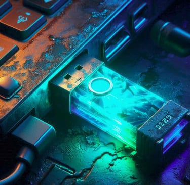 A glowing transparent USB drive plugged into a weathered laptop running Tails OS.