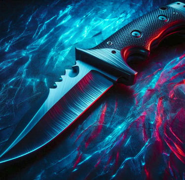 A tactical combat knife resting on a dark surface illuminated by blue and red neon lights.